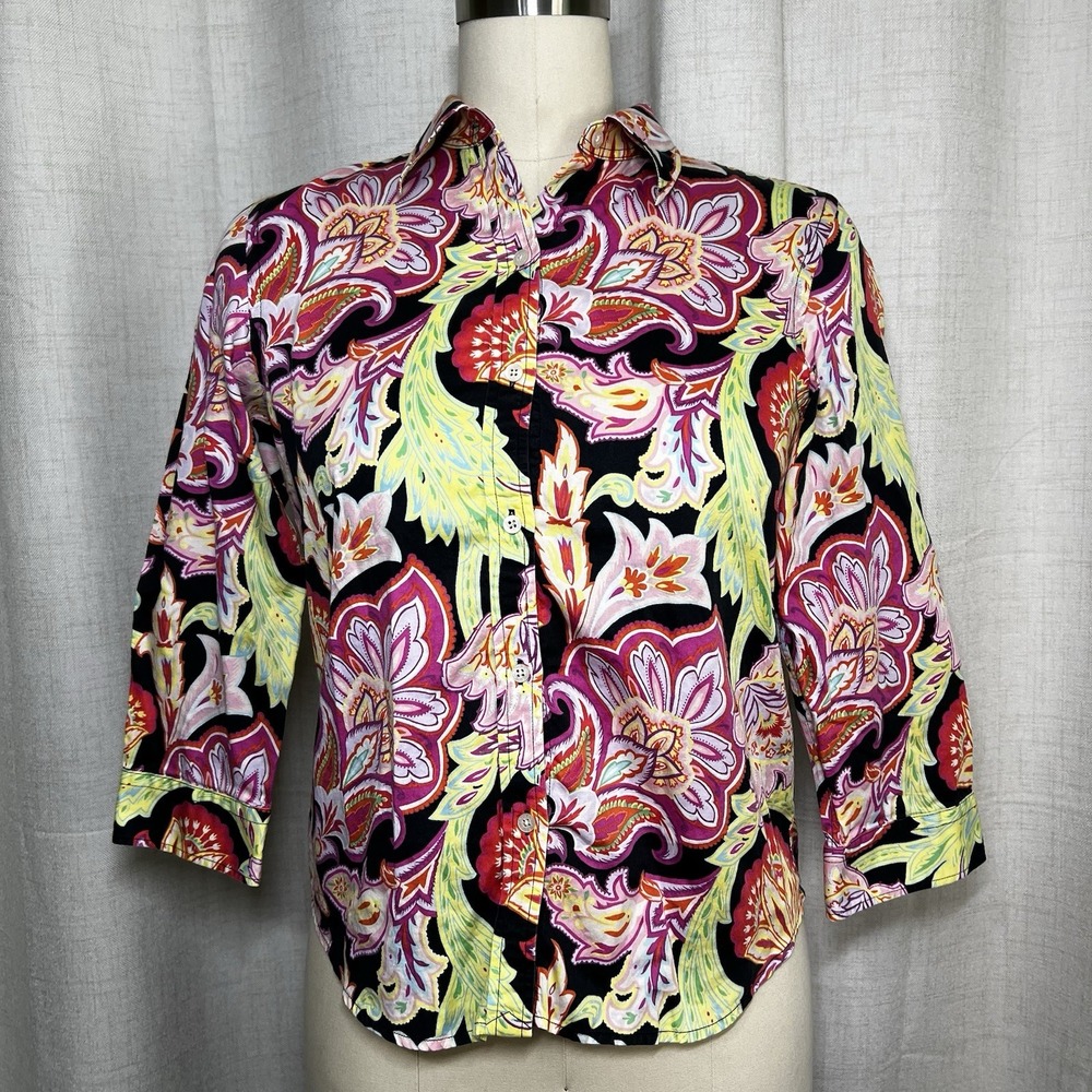 Lauren Ralph Lauren Shirt Petite Medium Neon Pink Green Paisley Floral Blouse